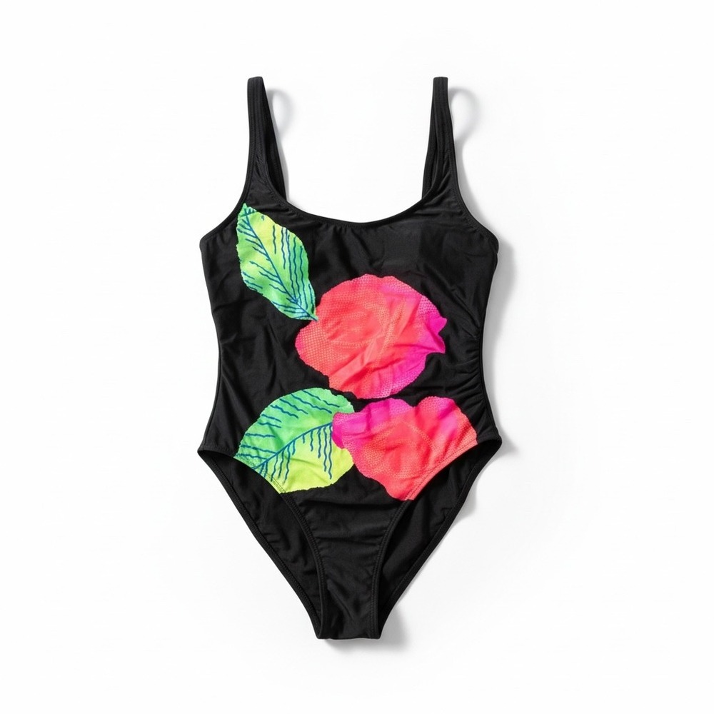 Gottex Vintage One Piece Swimsuit Black Neon Floral Print Size 10 Made Israel